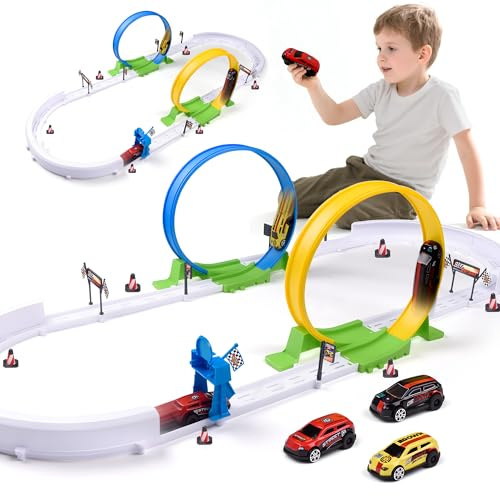 Havnidy Pista de Carreras para niños, Juguete de Coche con 2 bucles de 360° y 4 Coches de retracción rápida, Juguete de Pista Regalo para niños a Partir de 3, 4, 5 y 6 años