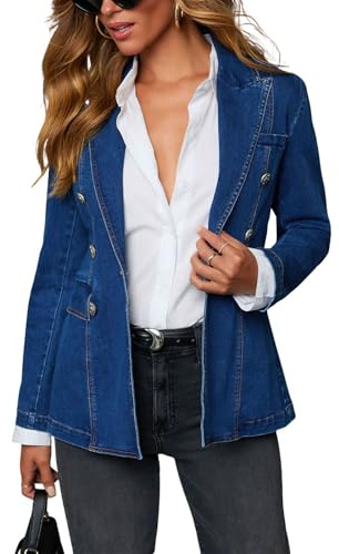 ebossy Women's Fashion Slim Denim Blazer Notched Lapel Long Sleeve 1-Button Casual Work Jean Jacket Outwear (Small, Dark Blue)