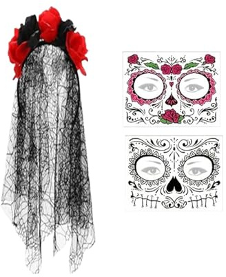Tuxuseo Set di costumi per il giorno dei morti | Decorazione per vestiti – Pizzo Mascherata Guanti | Per donne adulti ragazze Halloween Cosplay Masquerade performance palcoscenico