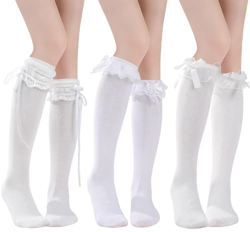scenicamp Cute Knee High Socks with Bow 3 Pairs - White Lolita Thigh High Socks Lace Ruffled Princess Dress Stockings Sock for Women Girls Daily Wear School Dating Dance