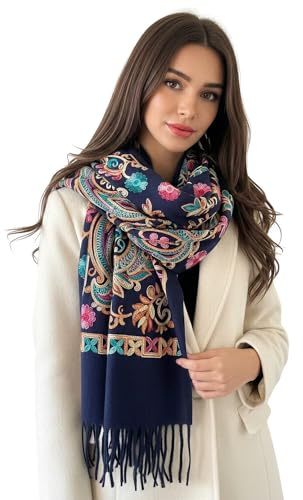 Women Pashmina Scarf Shawl Wrap, Large Long Paisley Floral Rainbow Ladies Scarves, Wearable Winter Blanket Scarfs, Indian Shawl Wedding Evening Stole, Cashmere & Cotton (Navy Rainbow Paisley)