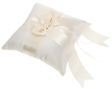 ifundom Almohada para Anillos de Boda de Color Blanco con Lazo Decorativo, Cojín Cuadrado de Tela Cómoda para Ceremonia Nupcial y Propuesta de Compromiso
