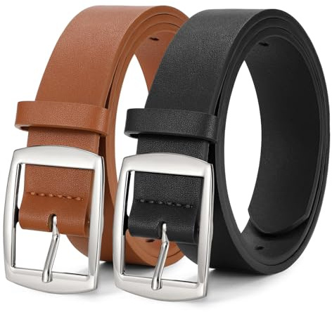 WERFORU 2 Pack Women Leather Belts for Jeans Pants Fashion Leather Belts for Women Waistband with Silver Pin Buckle,Black/Brown