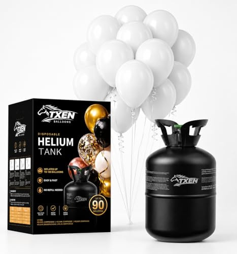 TXEN Disposable Helium Tank | Helium Balloon Canister for Parties 22L | Helium Gas for Balloons | Includes 90 White Balloons & Curling Ribbon | Birthday, Wedding, Baby Shower