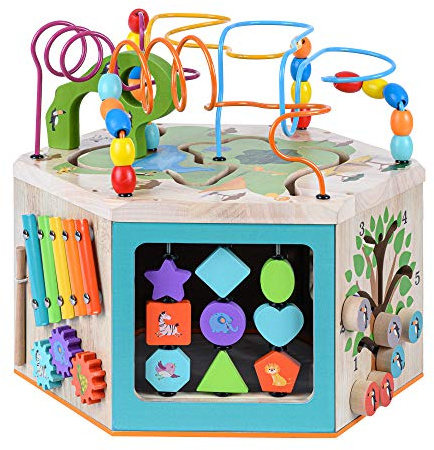 Teamson Kids Preschool Play Lab 7-in-1 Large Wooden Activity Cube Station Center Bead Maze and Counting for Kids Baby Toys, Natural