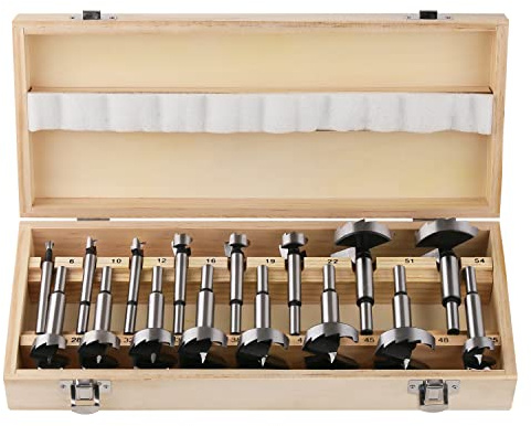 Vearter Forstner - Set di punte per trapano, 16 pezzi, 6-54 mm, in acciaio al carbonio, per lavorazione del legno, per sega a tazza, con cerniera, punte per trapano…