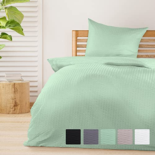 Beautissu Set di 2 Biancheria da letto Seersucker 155x220 cm Meline - Copripiumino con cerniera per l'estate - Federa e copripiumino traspirante e delicato sulla pelle - salvia