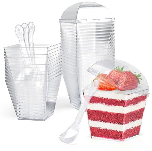 CoKeeSun 30 Piezas 200ml/7oz Vasitos para Postres con Tapa y Cucharas, Tazas de Postre de Plástico Reutilizables, Cuencos de Postre Transparentes, Vasitos Aperitivos Plastico para Pudín Mousse