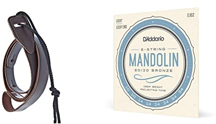 D'Addario Accessories Leather Mandolin Strap - Mandolin Accessories - Cradle Style - Brown & EJ62 80/20 10-34 Bronze Light Mandolin String