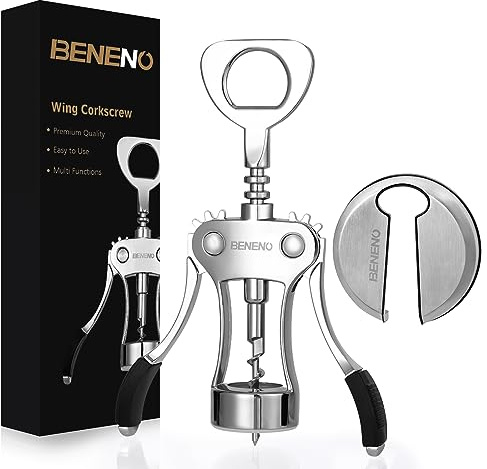 Beneno Wine Opener with Stainless Steel Wine Foil Cutter - Bottle Top Seal Cutter, Zinc Alloy Premium Wing Corkscrew with Multifunctional Bottles Opener, Ash silver
