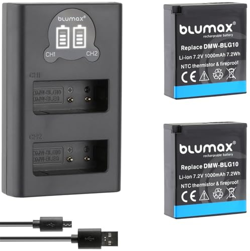 2X Blumax Akku kompatibel mit Panasonic DMW-BLG10 E [ 1000mAh ] mit NTC-Sensor & V1-Gehäuse + Slim Dual Charger DMW-BLG10E / DMW-BLE9 E/BP-DC15 E
