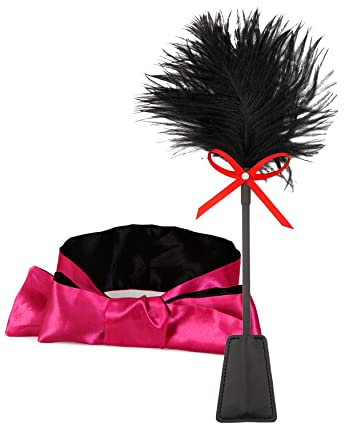 MILOPEDOX Black Feather Tickler for Fun Play, Feather Ticklers Teasers, Crop Toys Role Play Couple Cosplay, Satin Blindfold Eye Mask Red 59