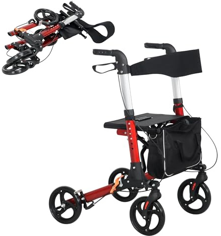 HOMCOM Foldable Mobility Walker with Seat Lightweight Rollator Walker with Adjustable Height Storage Bag 4 Wheels - Red
