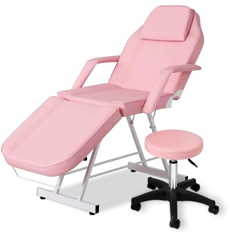 FozsKeylf Massage Table Tattoo Chair, Adjustable Facial Spa Bed with Hydraulic Stool, Professional Esthetician Bed for Salon Spa Beauty Treatment, Max Weight Capacity 300 lbs (Pink)