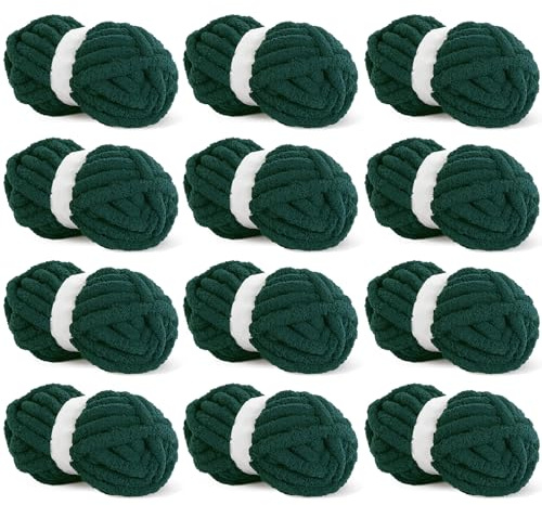 HOMBYS Dark Green Chunky Chenille Yarn for Crocheting, Bulky Thick Fluffy for Knitting, Super Bulky for Hand Knitting Blanket, Soft Plush, 12 Jumbo Pack (27 Yds, 8 Oz Each Skein)