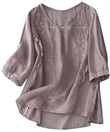 Cotton Linen Tops for Women UK Sale Embroidered T-Shirt Casual Loose Short/Long Sleeve Floral T Shirts Summer Blouses Female Printed Vintage Blouse Loose Tunic Tops