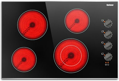 Karinear Placa vitrocerámica 4 fuegos 77 cm, mando, zona de expansión de doble anillo, 9 niveles de potencia, zonas de cocción separadas, 220 V ~ 240 V, 6700 W, sin enchufe.