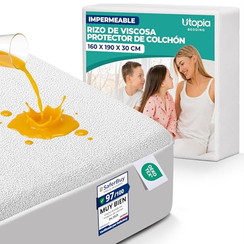 Coprimaterasso Impermeabile in Spugna di Viscosa 160 x 190 x 30 cm | Coprimaterasso Impermeabile con Elastico a 360°, Qualità Alberghiera, Certificato Oeko-Tex – Utopia Bedding