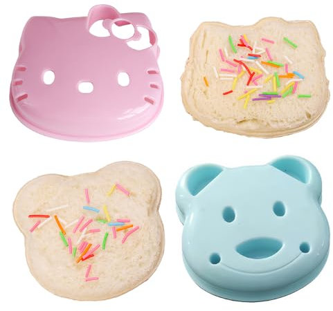 ShaMyiuCnz 2 Pcs Sandwich Cutter Cat Shaped Children's Bread Cutter Bear Shape Sandwich Bread Cake Mold for Kids (Blue and Pink or Yellow and Pink)