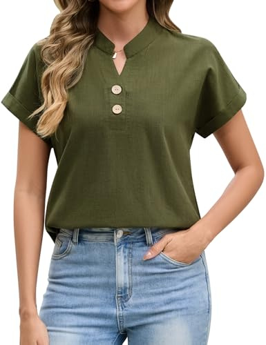 Niwicee Blusas Mujer Verano Elegantes Camisas Manga Corta Cuello en V Blusas de Algodón de Color Sólido Blusa Enrollada Puños Camisa Básica Casual Holgada con Botones (Verde, L)