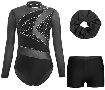 Miaeowve Barn flickor gymnastikdräkt strass glitter gymnastikdräkt långärmad balett body med hårband shorts konkurrens danskläder, svart, 134-140