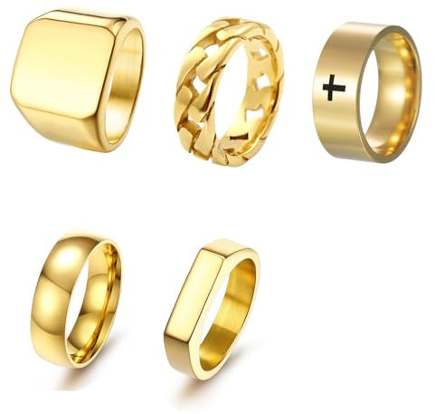 XSDSLS 5 Stück Vintage Gold Ringe Set für Herren Edelstahl Daumenring Knuckle Quadrat Bandringe Kreuz Knöchel Ringe Stapelbare Fingerringe Geburtstag Geschenke für Herren (11)