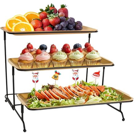 FoiiLiio Vassoio da Portata 3 Piatti, Vassoio Metallo Rettangolo 32×16cm, Alzate per Buffet Dolci, Portafrutta da Tavolo, con Supporto Rimovibile e Regolabile per Dessert, Sushi e Frutta alle Feste