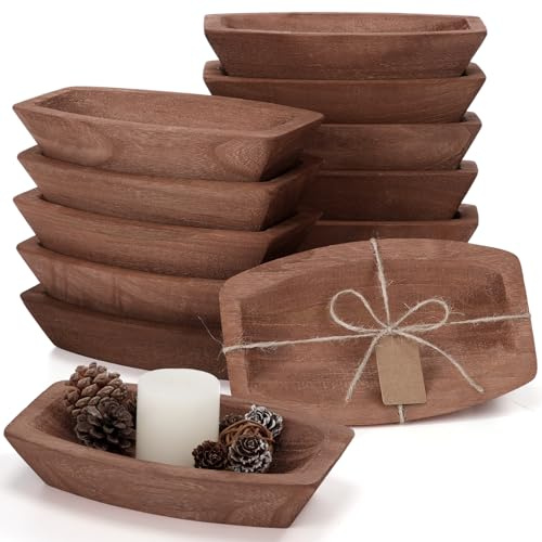 Tioncy 12 Pcs Wooden Dough Bowls Bulk Rustic Decorative Wood Dough Bowls Bulk for Decor with Card, Hand Carved Paulownia Wood, for Home Decor Wedding Gifts Crafts Farmhouse Tray(Boat Shape)