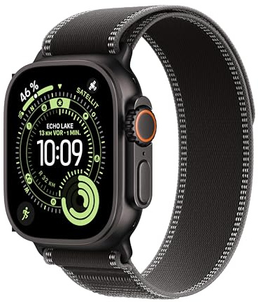Apple Watch Ultra 3 GPS + Cellular 49 mm Premium Smartwatch für Lauftraining und Kombinationssport mit robustem Titangehäuse in Schwarz und Trail Loop in Schwarz/Kohlegrau (S/M)