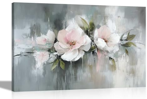 Artley Prints - Abstract Pink and White Flowers Grey Background Canvas Wall Art Pictures For Living Room, Bedroom, Hallway Prints 40 x 30cm (16 x 12 inches) A3