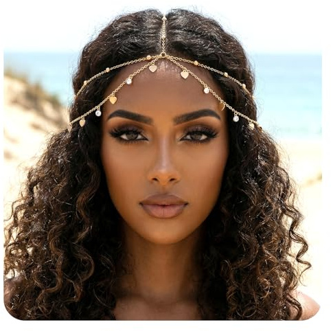 Nogeqi Gold Headpiece Rhinestone Sequin Egyptian Head Chain Gold Head Piece Head-Jewellery for Women Girls Goddess, Egyptian Accessories for Festival Prom Wedding (Head Circumference 55-60cm)