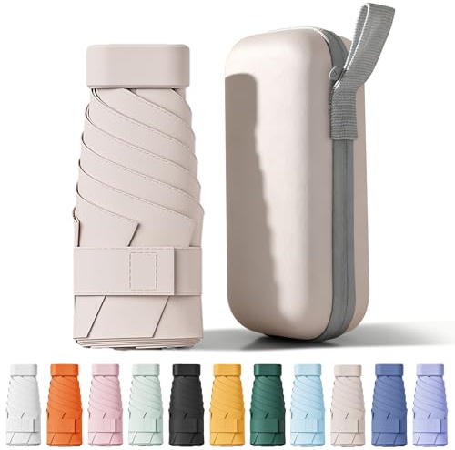 FWHFNB Ombrello Piccolo, Mini Ombrello Tascabile, Pieghevole Ombrellos da Viaggio, Ombrellos Anti-Uv Per Pioggia, UPF 50+, Portatile Leggero Compatto, per Donne Uomini (Beige)