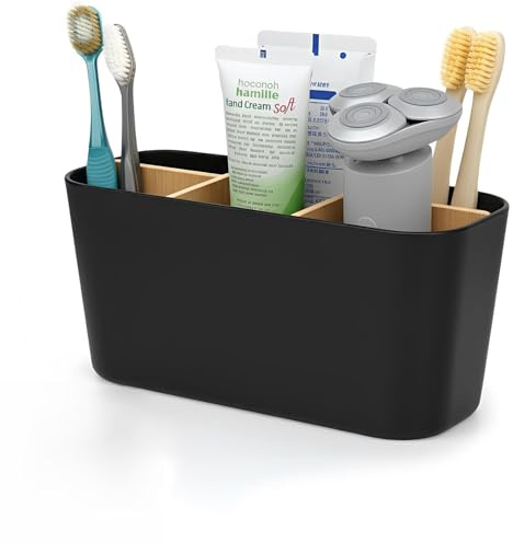 VINATO Porta Spazzolino Elettrico Portaspazzolini da Bagno Con 5 Scomparti Staccabile Regolabile Porta Spazzolini Elettrici Portaspazzolini Organizer per Bagno Casa Ufficio, Nero