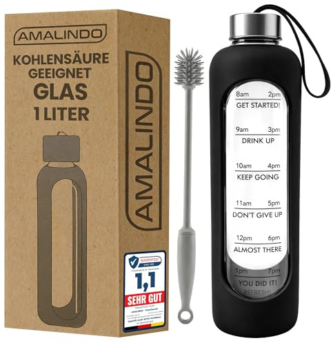 Amalindo Gourde en verre 1 l avec coque en silicone noir | Convient aux boissons gazeuses - avec brosse