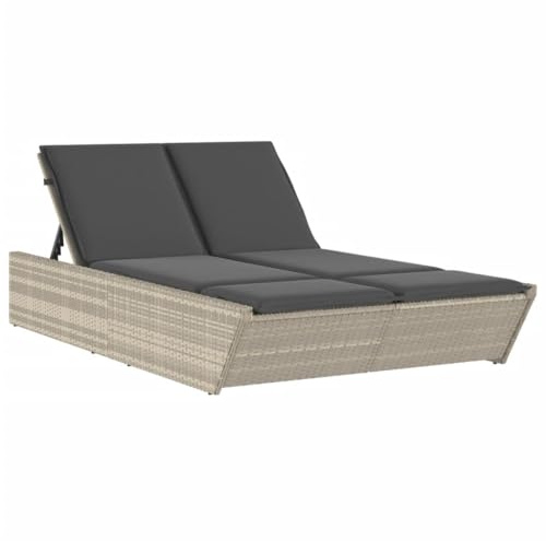 Nqyjm Sdraio da giardino con schienale regolabile in 4 posizioni, doppio lettino da sole con cuscino, in polyrattan grigio chiaro, sedia a sdraio da spiaggia, per esterni, giardino, terrazza, balcone