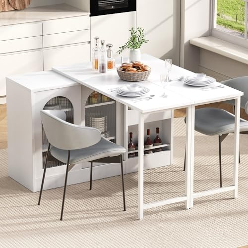 DHHU Table De Bar Blanc Extensible Rotation 360°, Table Haute Cuisine avec Rangement Et Étagères, Îlot Central Multifonction avec Portes Vitrées, Meuble Bar Gain De Place Petite Cuisine 120x40x76 cm