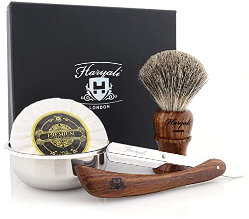 4pcs Wooden Shaving Set for Men – Classic Wet Shave Kit with Cut Throat Razor, Black Badger Hair Shaving Brush, Shaving Soap & Stainless Steel Shaving Bowl –Mens Grooming Set for Beard Care