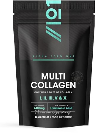 Multi Collagen 2400mg – Types I, II, III, V & X – 90 Capsules – Wild Caught Marine, Grass Fed Bovine, Eggshell & Free-Range Chicken Collagen Powder, with Hyaluronic Acid & Vitamin C – by Alpha01