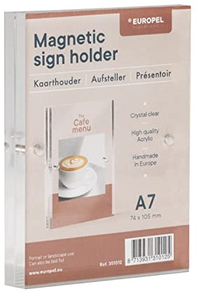 EUROPEL Luxe Tischaufsteller DIN A7 mit Magnete, Hoch- oder Querformat, Acryl, 2x10mm, Speisekarten & Prospekthalter für Restaurants, Hotels, Konferenz & Rezeption, freistehend & doppelseitig