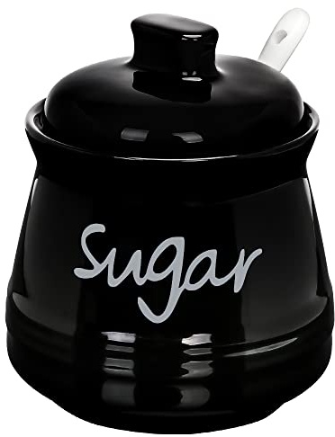 Cyimi Sugar Bowl Porcelain with Lid and Spoon, 355 ML/12 OZ, Ceramic Sugar Storage Jar, Sugar Salt Pot Seasoning Canister Suit for Coffee Bar, Restaurant, Home, Kitchen, Black