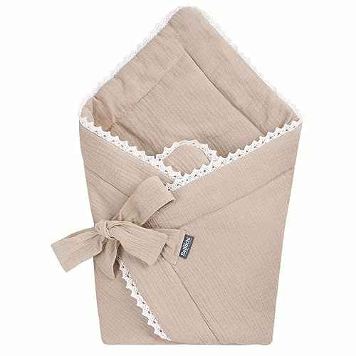 Bellochi 2 in 1 Baby Sleeping Bag and Swaddle Blanket - 100% muslin Baby Swaddle Wrap - OEKO-TEX Certificate - All Year Round for Stroller Cot and Car Seat - 75x75 cm - Cuddly Muslin Beige