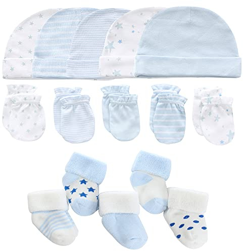 MAMIMAKA Baby Caps handskar och tjocka varma strumpor bomull nyfödda Essentials tillbehör (hattar + handskar+Terry strumpor), 0–6 månader, Set-4 blå/vit, 0-6 Månader