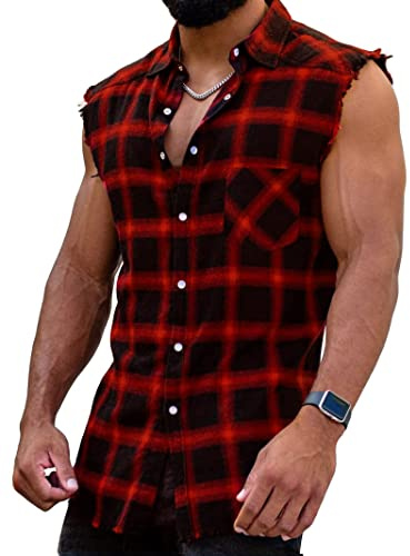 Chemise pour homme à carreaux sans manches, en flanelle, coupe droite, pour l'été, en coton, T-shirt, Tank Tops, chemise de loisirs, L