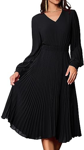 GRACE KARIN Women's Elegant Chiffon Midi Pleated Dress Long Sleeves V Neck A Line Black Formal Work Dresses XL