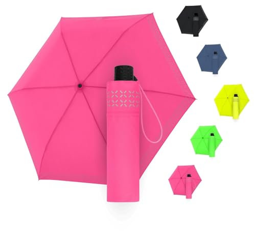 Doppler Regenschirm Safety Reflect in neon pink I Regenschirm mit reflektierendem Rand & Handöffner I Mini Schirm mit passender Schirmtasche I Leichter Taschenschirm für Unterwegs