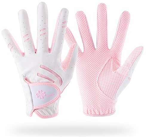 A Pair Kids Golf Gloves - Junior Leather Elastic Fabric Breathable Pink Left and Right Handed Gloves - Golf Accessories for Kids