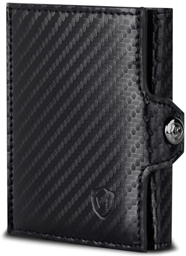 VON HEESEN Slim Wallet mit Münzfach & RFID-Schutz - Mini Geldbörse Herren & Damen - Kartenetui Kreditkartenetui - Portmonee Geldbeutel Portemonnaie klein Carbon-Schwarz