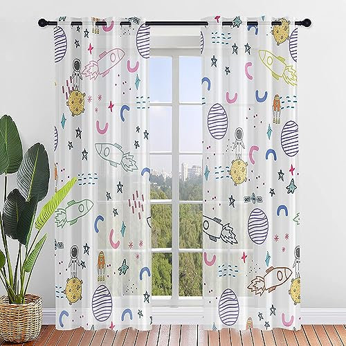 ENEN Cortinas Dormitorio, Cortinas Salon Modernas 2 Piezas, Planeta Espacial 3D Translucidas Cortinas Cocina, Visillos Cortos Ventanas para Habitación Infantil (132x160cm,Espacio)