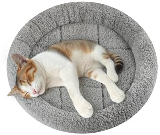 Enjoying Small Cat Bed Mat, 11.81 Round, Self Warming Cat Mat with Pillow Around, Dog Kitty Curling Sleep Cushion, Soft Kitten Pad for Carrier/Crate, Rabbit Warm Bed, Antiskid Bottom, Small