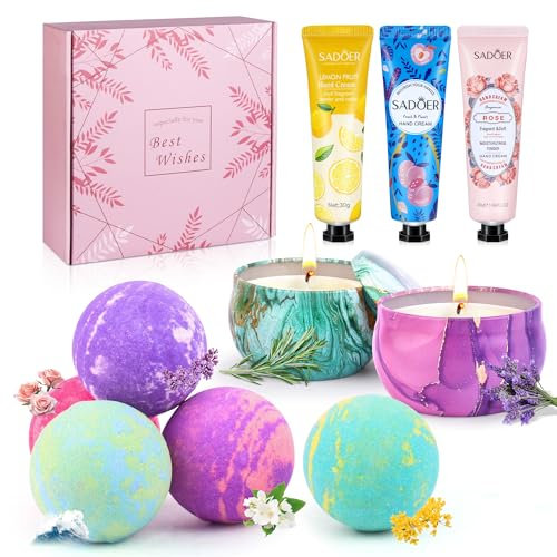 Geschenke für Frauen, Badebomben Handcreme Duftkerzen Set, 5 Handgefertigte Badekugeln 2 Aroma Duftkerzen 3 Handcreme, Geburtstagsgeschenk für Frauen Geschenkset Frauen